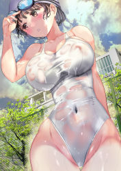 Rule 34 | 1girl, absurdres, arm at side, arm up, black hair, blush, breasts, brown eyes, building, chain-link fence, cloud, commentary request, competition swimsuit, covered navel, day, fence, goggles, goggles on head, highleg, highres, large breasts, looking to the side, mole, mole under eye, ogata tei, one-piece swimsuit, original, outdoors, parted lips, school, see-through, see-through swimsuit, sky, solo, swim cap, swimsuit, teeth, thigh gap, thighs, tree, wet, wet clothes, white one-piece swimsuit