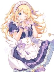 Rule 34 | 1girl, :d, absurdres, alternate costume, apron, blonde hair, blue eyes, blurry, blush, bow, breasts, cleavage, cleavage cutout, clothing cutout, collarbone, collared dress, commentary, cowboy shot, depth of field, dress, enmaided, frilled dress, frilled thighhighs, frills, hachimiya meguru, hair bow, heart, heart hands, highres, idolmaster, idolmaster shiny colors, large breasts, long hair, looking at viewer, maid, maid headdress, migolu, one eye closed, open mouth, pinafore dress, puffy short sleeves, puffy sleeves, purple dress, short sleeves, simple background, sleeveless dress, smile, solo, star (symbol), star ornament, sweat, swept bangs, thighhighs, two side up, underbust, upper body, white background, wince, wind, wind lift, wings, wrist cuffs, zettai ryouiki