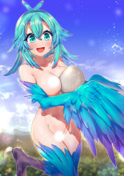 Rule 34 | 1girl, bird legs, blue eyes, blue feathers, blue hair, blue wings, blush, breasts, egg, feathered wings, feathers, hair between eyes, harpy, holding, holding egg, light censor, long hair, medium breasts, monster girl, navel, nude, open mouth, original, outdoors, pussy juice, pussy juice trail, solo, standing, standing on one leg, suou sakura, talons, winged arms, wings