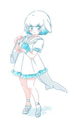 Rule 34 | 1girl, adapted costume, bag, bare legs, beluga whale (kemono friends) (stylecase), blowhole, blue eyes, blue hair, blush, borrowed character, cetacean tail, commentary request, dress, fictional persona, fins, fish tail, frilled dress, frills, full body, handbag, kemono friends, mitsumoto jouji, multicolored hair, neckerchief, original, puffy short sleeves, puffy sleeves, sailor collar, sandals, short hair, short sleeves, solo, sundress, tail, watch, white dress, white hair, wristwatch