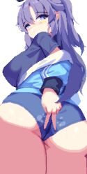 Rule 34 | 1girl, ass, blue archive, blue eyes, blue jacket, blush, breasts, buruma, cameltoe, closed mouth, commentary, from behind, highres, jacket, large breasts, light frown, long hair, long sleeves, looking at viewer, looking back, official alternate costume, parted bangs, piao mao, pixel art, purple hair, shirt, short sleeves, simple background, solo, star (symbol), thick thighs, thighs, track jacket, twisted torso, underbutt, v, white background, yuuka (blue archive), yuuka (track) (blue archive)