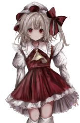 Rule 34 | 1girl, absurdres, artist request, ascot, blonde hair, expressionless, flandre scarlet, frills, hat, hat ribbon, highres, long sleeves, looking at viewer, mob cap, puffy sleeves, red eyes, red skirt, ribbon, shirt, skirt, skirt set, solo, thighhighs, touhou, vest, white thighhighs, wings