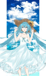 Rule 34 | 1girl, absurdres, akasaka tomoe, blue bow, blue eyes, blue sky, bow, breasts, brown hat, cleavage, cloud, collarbone, dress, eyelashes, feet out of frame, flower, hat, hat flower, hatsune miku, highres, lens flare, long hair, medium breasts, neck ribbon, open mouth, photo background, ribbon, scrunchie, sky, solo, straw hat, sun hat, sundress, sunflower, twintails, very long hair, vocaloid, white dress, wrist scrunchie