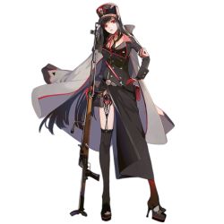 Rule 34 | 1girl, anti-materiel rifle, armband, black footwear, black gloves, black hair, black necktie, black thighhighs, full body, garter straps, girls&#039; frontline, gloves, gun, hand on own hip, hat, high heels, holding, holding gun, holding weapon, jacket, jacket on shoulders, lace, lace-trimmed legwear, lace trim, legs apart, long hair, long sleeves, looking at viewer, military, military hat, military uniform, necktie, nineo, official art, panzerbuchse 39, parted lips, platform footwear, pzb39 (girls&#039; frontline), red eyes, rifle, shadow, shoes, sidelocks, sniper rifle, solo, standing, swept bangs, teeth, thighhighs, transparent background, uniform, very long hair, watermark, weapon