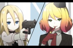 Rule 34 | 10s, 2girls, anime coloring, black hat, blonde hair, blue eyes, cathy (satsuriku no tenshi), closed mouth, collar, empty eyes, fake screenshot, finger on trigger, finger to mouth, formal, garrison cap, gloves, gradient hair, green eyes, gun, hair between eyes, half-closed eyes, hat, holding, holding gun, holding weapon, jewelry, letterboxed, mini hat, multicolored hair, multiple girls, necktie, parted lips, rachel gardner, red gloves, red hair, red necktie, ring, satsuriku no tenshi, short hair, sky-freedom, suit, upper body, weapon