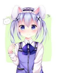 Rule 34 | 1girl, = =, alternate hairstyle, angora rabbit, animal ears, bad id, bad pixiv id, blue bow, blue eyes, blue hair, blush, bow, closed mouth, collared shirt, commentary request, fingernails, frilled hairband, frilled sleeves, frills, gochuumon wa usagi desu ka?, green background, hair between eyes, hair ornament, hairband, hand up, highres, kafuu chino, long hair, long sleeves, looking at viewer, purple vest, rabbit, rabbit ears, rabbit house uniform, shirt, simple background, squiggle, tareme, tippy (gochiusa), tsuruse, twintails, upper body, vest, wavy mouth, white shirt, x hair ornament