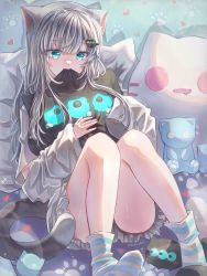 Rule 34 | 1girl, animal ears, arm cutout, biting, blue eyes, cat-shaped pillow, cat ears, cat girl, cat tail, creature, dress, grey hair, highres, huixin mie, indie virtual youtuber, long hair, lying, nachoneko, on back, on bed, pillow, short dress, socks, striped clothes, striped socks, stuffed animal, stuffed cat, stuffed toy, tail, tears, twitter username, virtual youtuber, white dress