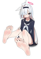 Rule 34 | 1girl, plana (blue archive), absurdres, barefoot, blue archive, feet, hair over one eye, hairband, hand on own knee, highres, light blush, long hair, looking at viewer, school uniform, serafuku, silver hair, soles, toes, white background