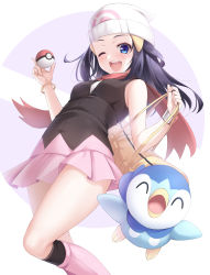 Rule 34 | 1girl, ;d, bag, beanie, black shirt, blue hair, commentary request, creatures (company), dawn (pokemon), game freak, gen 4 pokemon, hat, highres, holding, holding poke ball, long hair, looking at viewer, naoki (endofcentury102), nintendo, one eye closed, open mouth, pink skirt, piplup, poke ball, pokemon, pokemon (creature), pokemon dppt, red scarf, scarf, shirt, skirt, sleeveless, sleeveless shirt, smile, solo, white hat