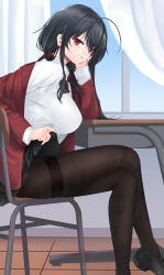 Rule 34 | 1girl, absurdres, ahoge, azur lane, black bow, black bowtie, black footwear, black hair, black pantyhose, bow, bowtie, breasts, clothes lift, crossed legs, curtains, desk, fei zhi, from side, hand on own cheek, hand on own face, highres, huge ahoge, jacket, large breasts, lifting own clothes, long hair, long sleeves, looking at viewer, miniskirt, official alternate costume, pantyhose, pleated skirt, red eyes, red jacket, school desk, school uniform, shirt, shirt tucked in, shoes, sitting, skirt, skirt lift, solo, taihou (azur lane), taihou (sweet time after school) (azur lane), thighband pantyhose, white shirt, window