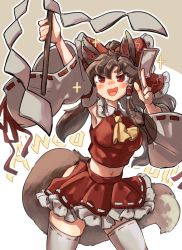 Rule 34 | 1girl, animal ears, armpits, arms up, ascot, bare shoulders, blush, bow, brown background, brown hair, collared shirt, commentary request, cross, detached sleeves, eyes visible through hair, fang, frills, gohei, grey thighhighs, hair between eyes, hair ornament, hair tubes, hakurei reimu, hands up, highres, long hair, long sleeves, looking up, miniskirt, navel, ofuda, open mouth, red bow, red eyes, red shirt, red skirt, shirt, skirt, smile, solo, standing, sweat, sweatdrop, tail, thighhighs, tongue, touhou, uisu (noguchipint), v-shaped eyebrows, white background, wide sleeves, wolf ears, wolf tail, yellow ascot