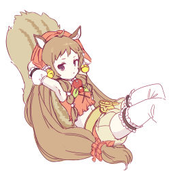 Rule 34 | 1girl, animal ears, armpits, arms behind head, artist request, bell, belt, brown hair, character request, detached sleeves, from side, kouka (mrakano5456), long hair, pantyhose, purple eyes, reclining, red hair, shorts, simple background, solo, squirrel ears, squirrel tail, tail, thighhighs, twintails, very long hair, white background