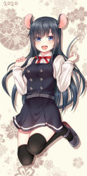 Rule 34 | 1girl, 2020, :d, animal ear fluff, animal ears, asashio (kancolle), black dress, black hair, black thighhighs, blue eyes, blush, breasts, brown background, chinese zodiac, collared shirt, commentary request, dress, dress shirt, floral background, full body, grey footwear, hair between eyes, hanazome dotera, hands up, jewelry, kantai collection, kemonomimi mode, long hair, long sleeves, looking at viewer, medium breasts, mouse ears, mouse girl, mouse tail, nail polish, neck ribbon, open mouth, pinafore dress, pink nails, red ribbon, ribbon, ring, school uniform, shirt, shoes, sleeveless, sleeveless dress, smile, solo, tail, teeth, thighhighs, upper teeth only, very long hair, wedding band, white shirt, year of the rat