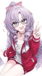 Rule 34 | 1girl, bag (chrko bag), black-framed eyewear, blush, chest tattoo, claw ring, collarbone, drill hair, highres, hyakumantenbara salome, jacket, long hair, looking at viewer, multicolored clothes, multicolored jacket, nijisanji, open mouth, pink ribbon, purple eyes, purple hair, red jacket, red shorts, ribbon, scorpion tattoo, shirt, short shorts, shorts, simple background, sitting, smile, tattoo, two-tone jacket, v, virtual youtuber, white background, white jacket, white shirt