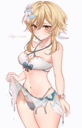 Rule 34 | 1girl, blonde hair, blush, breasts, closed mouth, collarbone, commentary request, cowboy shot, earrings, feather earrings, feathers, flower, genshin impact, hair flower, hair ornament, halterneck, highres, hotaboshi yazuki, jewelry, looking at viewer, lumine (genshin impact), lumine (hot springs) (genshin impact), medium breasts, official alternate costume, short hair with long locks, sitting, solo, twitter username, white background, yellow eyes