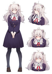 Rule 34 | 1girl, :3, ahoge, ahoge wag, animal ears, black pantyhose, blush, brooch, closed eyes, commentary request, cropped torso, expressive hair, full body, grey eyes, grey hair, grin, highres, hololive, interlocked fingers, jewelry, lion ears, long hair, long sleeves, looking at viewer, mikan (chipstar182), multiple views, neck ribbon, own hands together, pantyhose, red ribbon, ribbon, school uniform, shishiro botan, sidelocks, simple background, smile, standing, v arms, virtual youtuber, white background
