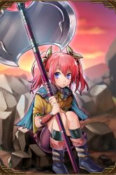 Rule 34 | 1girl, artist request, axe, belt, blurry, blurry background, blush, boots, bow, bracer, braid, capelet, cloud, flat chest, grand sphere, grass, hair between eyes, hair ornament, highres, kneehighs, multicolored eyes, rock, short sleeves, short twintails, shorts, sitting, socks, solo, sunset, twintails, weapon