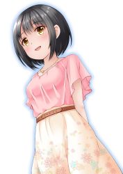 Rule 34 | 1girl, :d, arms behind back, belt, belt buckle, black hair, blue outline, breasts, brown belt, brown eyes, brown skirt, buckle, character request, collarbone, floral print, highres, idolmaster, idolmaster cinderella girls, looking away, open mouth, outline, pink shirt, print skirt, regular mow, shirt, short sleeves, simple background, skirt, small breasts, smile, solo, white background