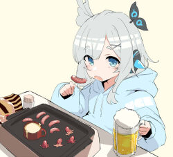 Rule 34 | 1girl, alcohol, and uge, beer, beer mug, blue eyes, blue hoodie, blush, commentary request, cooking, cup, eating, flat chest, food, food art, grey hair, griddle, hair ornament, hairpods, holding, holding food, hood, hood down, hoodie, long hair, long sleeves, looking at viewer, medium bangs, mug, nanashi inc., open mouth, plate, sausage, sidelocks, simple background, solo, table, tako-san wiener, terazip, toothpick, toothpick holder, upper body, virtual youtuber, white background, winding key, x hair ornament