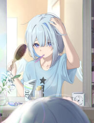 Rule 34 | 1girl, amane kanata, analog clock, angel, angel wings, asymmetrical hair, axolotl, blue hair, blue shirt, blurry, blurry foreground, bob cut, bottle, brushing hair, casyu nut, charm (object), clock, collarbone, commentary, depth of field, electrical outlet, feathered wings, flower, hair brush, hair ornament, hair over one eye, hairclip, hairdressing, highres, holding, holding hair brush, hololive, lily (flower), looking at reflection, looking at self, medicine cabinet, messy hair, mini wings, mirror, mouth hold, multicolored hair, pink hair, pp tenshi t-shirt, purple eyes, raised eyebrows, reflection, shelf, shirt, short hair, short sleeves, single hair intake, solo, streaked hair, t-shirt, toothbrush, toothbrush in mouth, toothpaste, virtual youtuber, white flower, white wings, wings, x x