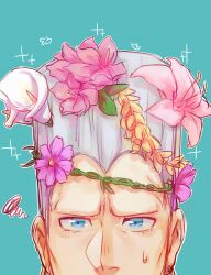 Rule 34 | 1boy, blue eyes, close-up, flower, flower request, grey hair, hair flower, hair ornament, highres, jean pierre polnareff, jojo no kimyou na bouken, lily (flower), male focus, mouth out of frame, solo, squiggle, stardust crusaders, sweatdrop, tall hair, widow&#039;s peak, yanglao paopaoren
