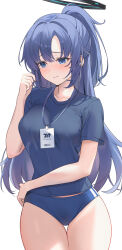 Rule 34 | 1girl, absurdres, blue archive, blue buruma, blue eyes, blush, breasts, buruma, commentary request, cowboy shot, gym shirt, gym uniform, halo, highres, id card, lanyard, long hair, mechanical halo, medium breasts, official alternate costume, ponytail, purple hair, see-through, see-through shirt, shirt, short sleeves, simple background, solo, sora01o, thighs, white background, yuuka (blue archive), yuuka (track) (blue archive)