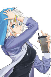 Rule 34 | 10s, 1girl, absurdres, anastasia (idolmaster), arm up, blue eyes, bracelet, cup, fpanda, grey hair, highres, hood, hooded jacket, idolmaster, idolmaster cinderella girls, jacket, jewelry, looking at viewer, open clothes, open jacket, parted lips, short hair, solo, towel, towel on head, upper body, white background, white hair
