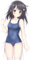Rule 34 | 1girl, :&lt;, absurdres, bare shoulders, bed sheet, black hair, blue one-piece swimsuit, blush, breasts, brown eyes, closed mouth, commentary, covered navel, gluteal fold, hair ornament, highres, kneehighs, korie riko, long hair, looking at viewer, lying, old school swimsuit, on back, one-piece swimsuit, original, rabbit hair ornament, school swimsuit, sheet grab, small breasts, socks, solo, swimsuit, wet, white socks
