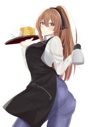 Rule 34 | 1girl, alternate costume, apron, artist request, ass, blush, bow, breasts, brown hair, carrying, coffee, denim, food, from below, girls&#039; frontline, green eyes, hair bow, highres, jeans, large breasts, long hair, looking at viewer, looking down, pancake, pants, pantylines, ponytail, shirt, smile, solo, springfield (girls&#039; frontline), very long hair
