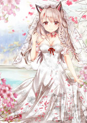 Rule 34 | 1girl, animal ears, azur lane, bare shoulders, blush, braid, breasts, bridal veil, cleavage, closed mouth, collarbone, detached sleeves, dress, floral print, flower, hair between eyes, hand up, highres, large breasts, light brown hair, long hair, looking at viewer, mutang, pink flower, print dress, puffy short sleeves, puffy sleeves, red eyes, red ribbon, ribbon, short sleeves, side braid, single braid, skirt hold, smile, solo, strapless, strapless dress, thick eyebrows, unmoving pattern, veil, very long hair, white dress, white flower, wolf ears, yuudachi (azur lane)