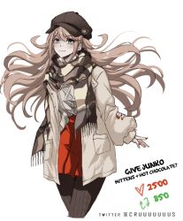 Rule 34 | 1girl, alternate costume, bear hair ornament, black headwear, black pantyhose, brown jacket, brown scarf, brown sweater, collarbone, commentary, criis-chan, cropped legs, danganronpa: trigger happy havoc, danganronpa (series), english commentary, english text, enoshima junko, grey eyes, hair ornament, jacket, like and retweet, long hair, long sleeves, meme, miniskirt, multicolored clothes, multicolored scarf, nail polish, open clothes, open jacket, pantyhose, parted lips, plaid, plaid scarf, red nails, red skirt, scarf, simple background, skirt, sleeves past wrists, smile, solo, sweater, sweater tucked in, twintails, twitter strip game (meme), twitter username, white background