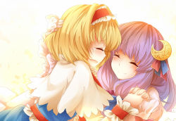 Rule 34 | 2girls, alice margatroid, blonde hair, blush, capelet, closed eyes, crescent, crescent hair ornament, dress, face-to-face, hacko, hair ornament, hairband, hand on another&#039;s head, holding hands, interlocked fingers, lolita hairband, long hair, long sleeves, multiple girls, open mouth, patchouli knowledge, purple hair, sash, short hair, sidelocks, simple background, smile, tears, touhou, white background, wrist cuffs, yuri