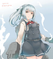 Rule 34 | 1girl, adapted turret, bad id, bad twitter id, belt, black ribbon, brown eyes, cannon, commentary request, dated, dress, grey hair, highres, jamiro quaison, kantai collection, kasumi (kancolle), kasumi kai ni (kancolle), long hair, long sleeves, machinery, pinafore dress, red ribbon, ribbon, shirt, side ponytail, sleeveless, sleeveless dress, solo, turret, twitter username, white shirt