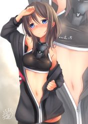 Rule 34 | 1girl, absurdres, alice gear aegis, bare shoulders, black jacket, black shirt, black sports bra, black thighhighs, blouse, blue eyes, blush, breasts, brown hair, collar, commentary request, cowboy shot, gradient background, hair between eyes, hand on own head, hand up, highres, jacket, kanimiso (juutilainen77), kurogane yuuto, long sleeves, looking at viewer, medium hair, midriff, navel, nose blush, off-shoulder jacket, off shoulder, partially unzipped, shirt, sidelocks, signature, small breasts, sports bra, standing, sweatdrop, taut clothes, taut shirt, thighhighs, undressing, white background, zipper, zipper pull tab, zoom layer