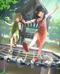 Rule 34 | 2girls, :d, :o, balancing, bare arms, bare legs, black footwear, blunt bangs, blush stickers, brown eyes, brown hair, clothes writing, collarbone, commentary request, dress, flat chest, full body, green dress, highres, jungle gym, long hair, medium hair, multiple girls, no socks, open mouth, orange dress, original, outdoors, outstretched arms, park, playground, sandals, smile, socks, spread arms, swing set, tachiinu, tree, white socks