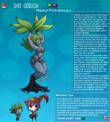 Rule 34 | 1girl, ahoge, blue skin, character name, character profile, colored skin, creatures (company), curvy, english text, game freak, gen 1 pokemon, highres, kinkymation, monster girl, nintendo, oddish, personification, plant girl, pokemon, wide hips