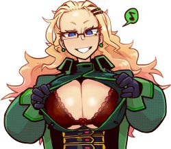 Rule 34 | 1girl, aethella mugolm, bad id, bad pixiv id, black bra, black gloves, blonde hair, bow, bow bra, bra, breasts, cleavage, commentary, corset, earrings, english commentary, exhibitionism, flashing, forehead, glasses, gloves, gradient hair, grin, hair ornament, hairclip, huge breasts, jacket, jewelry, lace, lace-trimmed bra, lace trim, long hair, looking at viewer, mole, mole under eye, multicolored hair, musical note, open clothes, open jacket, original, public indecency, rimless eyewear, risk hunters, short eyebrows, smile, solo, spoken musical note, tenk, unbuttoned, underwear, uniform, white background