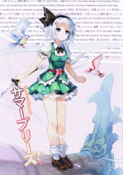 Rule 34 | 1girl, 77gl, bird, blue eyes, cover, cover page, english text, female focus, hairband, highres, holding, katana, konpaku youmu, legs, non-web source, scan, shoes, short hair, silver hair, skirt, solo, standing, sword, text background, text focus, touhou, weapon