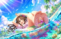 Rule 34 | 1girl, anklet, barefoot, blue sky, blush, breasts, brown hair, cloud, cloudy sky, coral reef, day, dutch angle, feet, fish, flower, foot focus, foreshortening, frilled sleeves, frills, full body, game cg, hair flower, hair ornament, idolmaster, idolmaster cinderella girls, idolmaster cinderella girls starlight stage, jewelry, knees up, legs together, lens flare, long hair, looking at viewer, medium breasts, miniskirt, official art, on innertube, one eye closed, open mouth, outdoors, palm tree, panties, parted bangs, partially submerged, pleated skirt, puffy short sleeves, puffy sleeves, purple panties, purple skirt, shimamura uzuki, shirt, short sleeves, side ponytail, skirt, sky, soles, solo, splashing, swept bangs, toe scrunch, toenails, tree, underwear, water, white shirt
