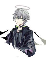 Rule 34 | 1boy, absurdres, arene (arknights), arknights, black choker, black jacket, black shirt, choker, closed mouth, cropped torso, green eyes, grey hair, hair between eyes, halo, highres, jacket, long sleeves, looking at viewer, male focus, open clothes, open jacket, shirt, simple background, solo, upper body, white background, yoi6/yoiro