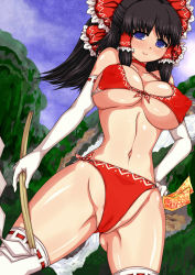 Rule 34 | 1girl, bikini, black hair, blue eyes, bow, breasts, cameltoe, censored, covered erect nipples, elbow gloves, gloves, gohei, hair bow, hair tubes, hakurei reimu, highres, large breasts, looking at viewer, n (dai n honpo), navel, red bikini, smile, solo, spell card, swimsuit, thighhighs, touhou, underboob, white gloves, white thighhighs