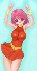 Rule 34 | 1990s (style), 1girl, armpits, arms up, belt, blue eyes, blush, bracelet, breasts, choker, cleavage, final fantasy, final fantasy v, impossible clothes, impossible shirt, jewelry, large breasts, lenna charlotte tycoon, pink hair, pointing, purple eyes, shirt, skirt, smile, solo