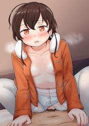 Rule 34 | 1girl, bow, bow panties, braid, breasts, brown hair, clothed sex, cowgirl position, crotch seam, girl on top, hetero, highres, jacket, kantai collection, long hair, long sleeves, navel, onguuchi, open clothes, open jacket, orange eyes, orange jacket, panties, pantyhose, penis, pov, sex, single braid, small breasts, solo focus, souya (kancolle), straddling, thighband pantyhose, torn clothes, torn legwear, underwear, vaginal, white panties, white pantyhose