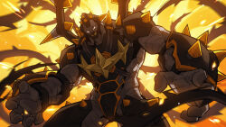Rule 34 | 1boy, absurdres, arm guards, armor, black armor, chinese commentary, commentary, explosion, from below, gamagoori ira, gamagoori ira (scourge regalia), glowing, glowing eyes, highres, kill la kill, male focus, onion maru, open hands, shoulder armor, shoulder spikes, solo, spiked helmet, spikes, yellow eyes