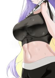 Rule 34 | 1girl, breasts, close-up, clothes lift, colored inner hair, commentary, crop top, english commentary, highres, hololive, hololive dance practice uniform, hololive indonesia, kaiyen, large breasts, long hair, moona hoshinova, multicolored hair, navel, official alternate costume, parted lips, partially obscured, purple hair, shirt, shirt lift, simple background, skin tight, solo, stomach, sweat, sweaty clothes, two-tone hair, very long hair, virtual youtuber, wet, wet clothes, white background, wiping face, wiping sweat, workout clothes