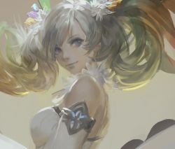 Rule 34 | 10s, 1girl, backless dress, backless outfit, de la fille, detached sleeves, dress, gem, granblue fantasy, looking at viewer, multicolored hair, solo, twintails, youshun (naturaljuice)