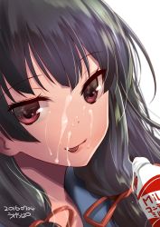 Rule 34 | 10s, 1girl, :p, black hair, blunt bangs, close-up, condensed milk, dated, eyebrows, hair ribbon, highres, isokaze (kancolle), kantai collection, long hair, looking at viewer, neckerchief, portrait, red eyes, red ribbon, ribbon, sexually suggestive, signature, simple background, solo, tongue, tongue out, tress ribbon, ugeppa, white background