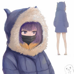 Rule 34 | 1girl, coat, hands in pockets, highres, hololive, hololive english, mask, mole, mole under eye, mouth mask, multiple views, ninomae ina&#039;nis, no pants, purple eyes, purple hair, simple background, surgical mask, tallgeese (lgeesel), virtual youtuber, white background, winter clothes, winter coat