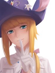 Rule 34 | 1boy, amino (tn7135), androgynous, bad id, bad pixiv id, blonde hair, blue eyes, blunt bangs, capelet, chevalier d&#039;eon (fate), closed mouth, fate/grand order, fate (series), finger to mouth, flower, gem, gloves, hair over shoulder, half gloves, hat, head tilt, index finger raised, lily (flower), long hair, looking at viewer, low ponytail, portrait, shushing, simple background, smile, solo, white background, white gloves