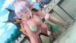 Rule 34 | 1girl, all fours, bestiality, blush, breasts, breasts out, cecilia hatiri, closed eyes, collarbone, cum, dark elf, dark skin, dog, elf, hanging breasts, nipples, open mouth, orc-sama to majo ~orcland saga~, outdoors, pointy ears, ponytail, rape, sapporo momoko, silver hair, speed, sweat, tears